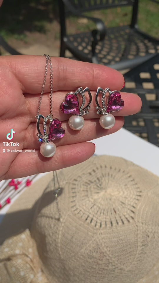 pink swarovski ,pearl and siler earrings and pendatn set