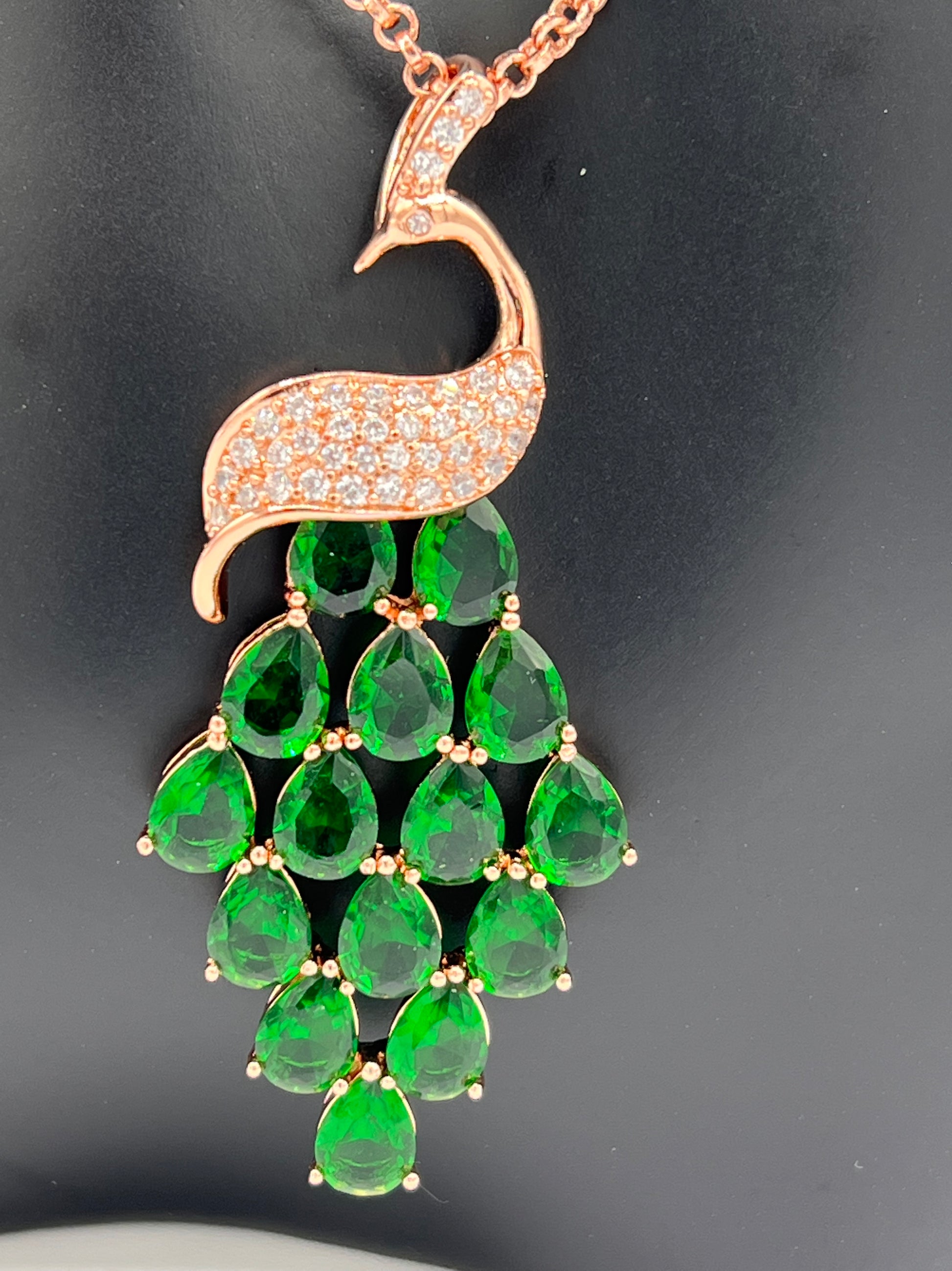 rose gold white and green peacock design necklace to wear with hijab as it has 70cm long chain
