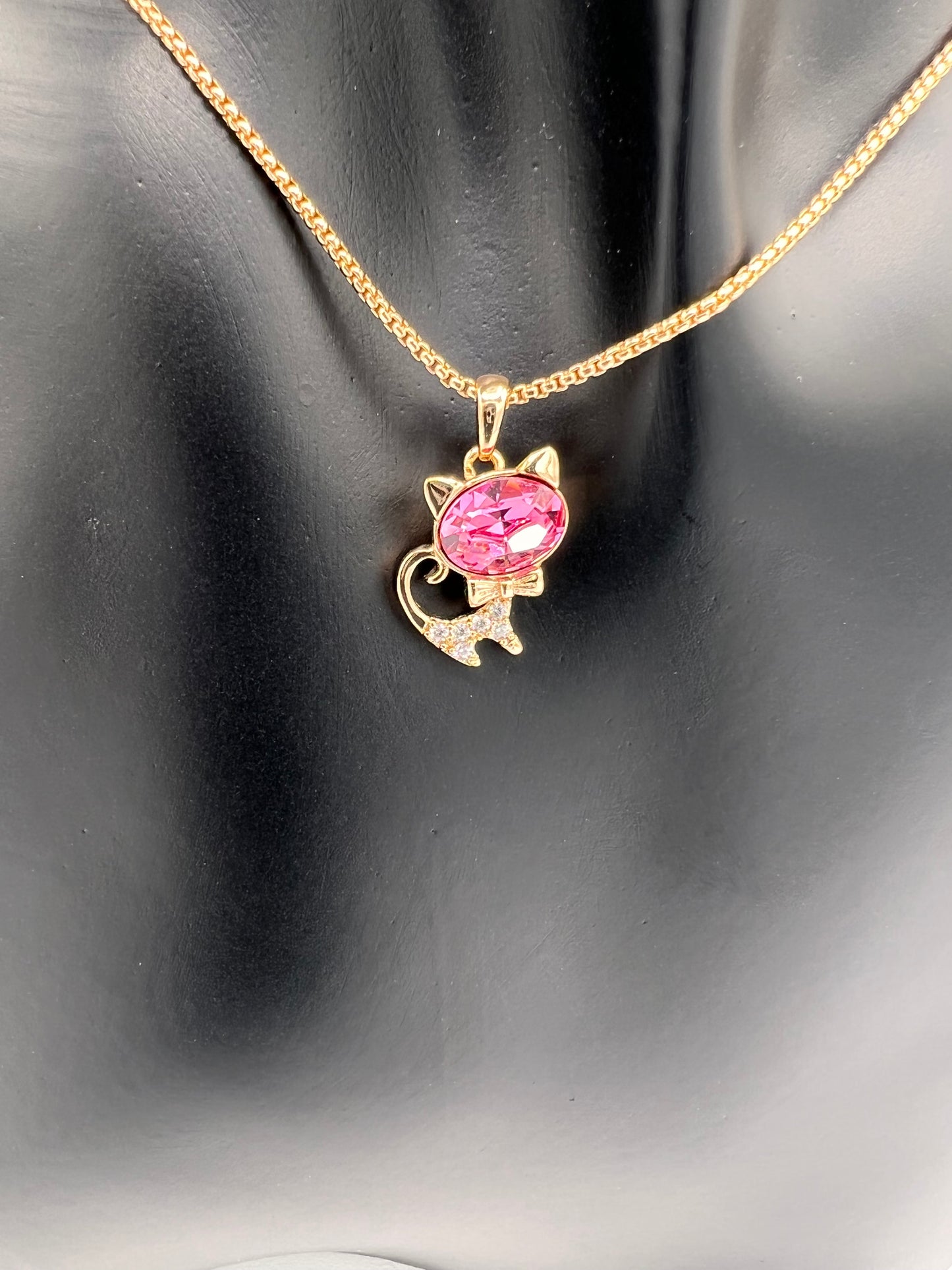 pink and gold cat pendant with gold plated chain Stylish Cat Lover's Necklace