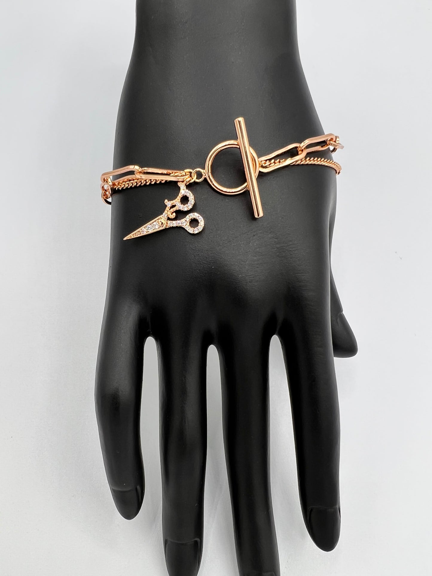 Nickel and Lead-Free Elegance clip chain and rope chain double bracelet with scissor charm gold plated