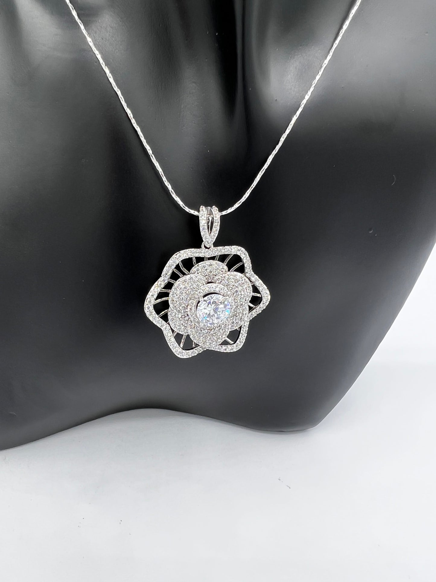 3D Rhodium Plated Flower Necklace