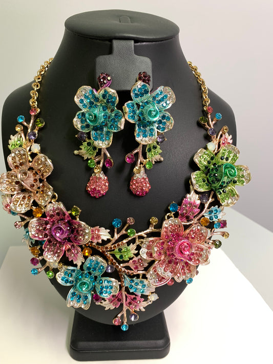Rhodium Plated Multicolored Zircons Earrings And Necklace Set