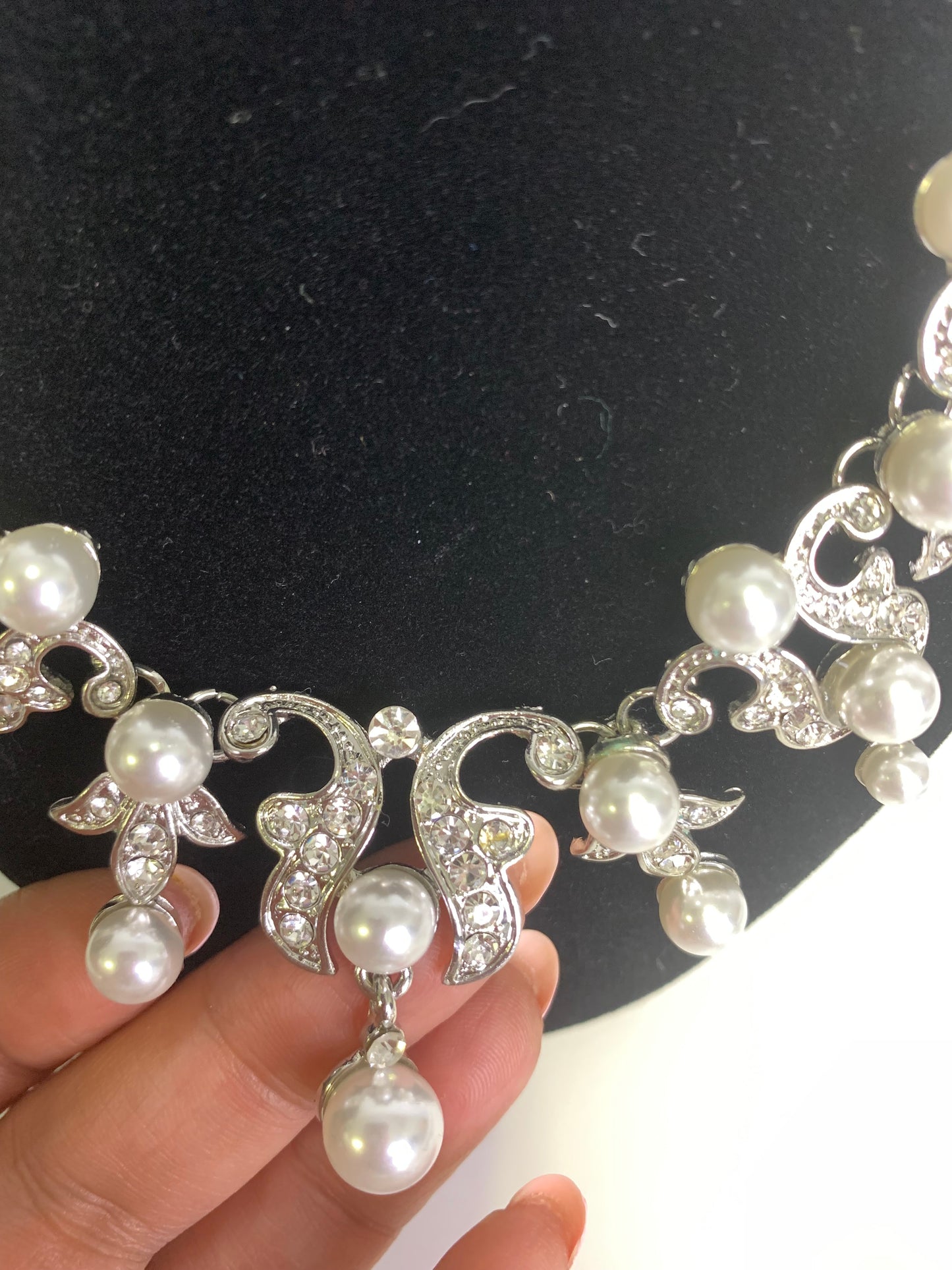 Faux Pearl Rhodium Plated Bib Style Necklace And Stud Earrings