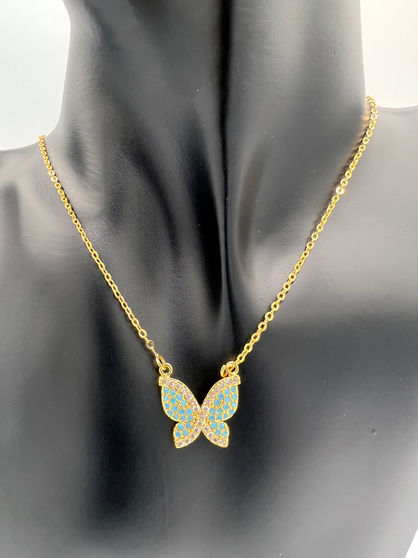 Turquoise And White Butterfly Necklace Gold Plated