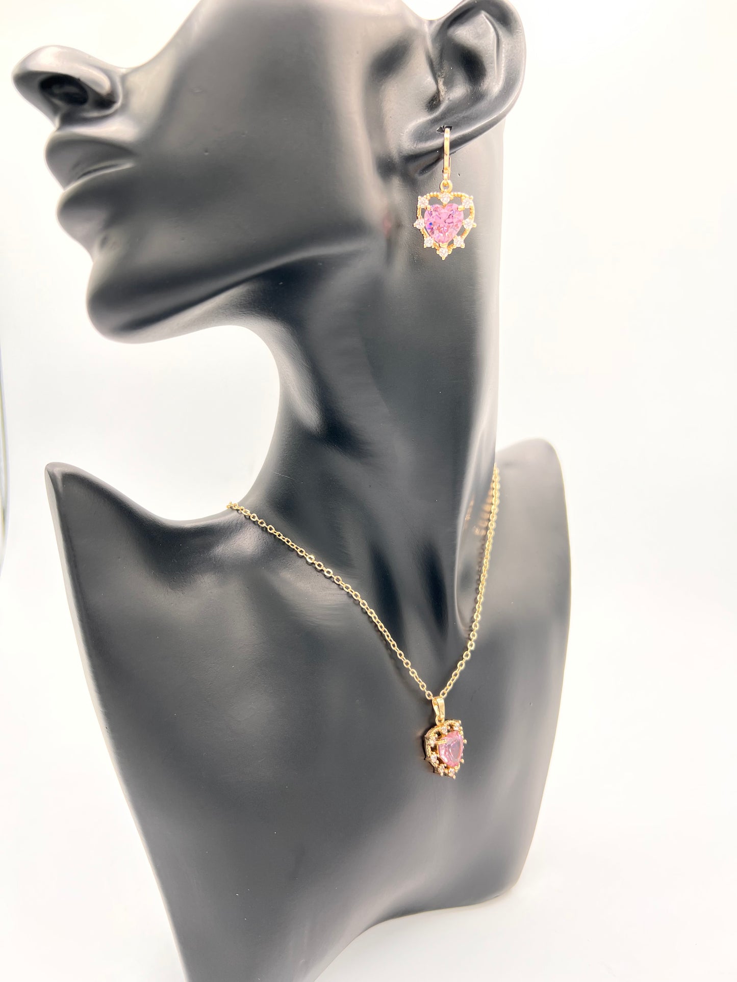 Protective Pink Heart Earrings And Necklace Set