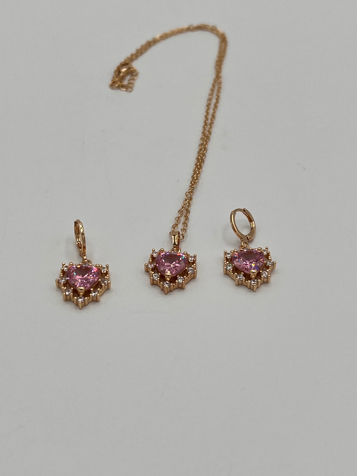 Protective Pink Heart Earrings And Necklace Set