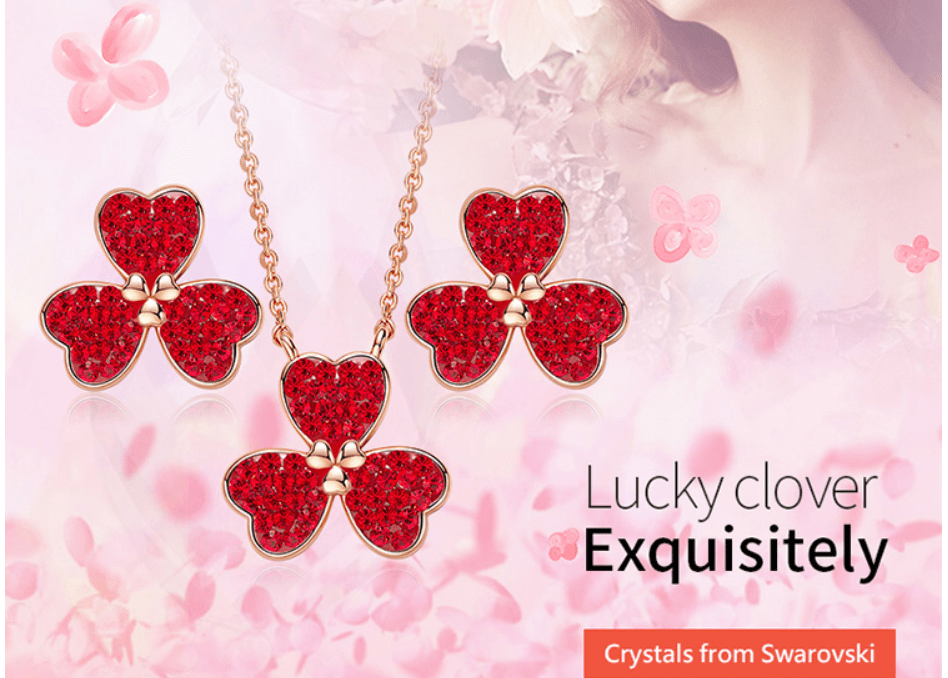 18k Rose Gold plated Red Clover Heart Necklace And Stud Set Embellished with Red crystals