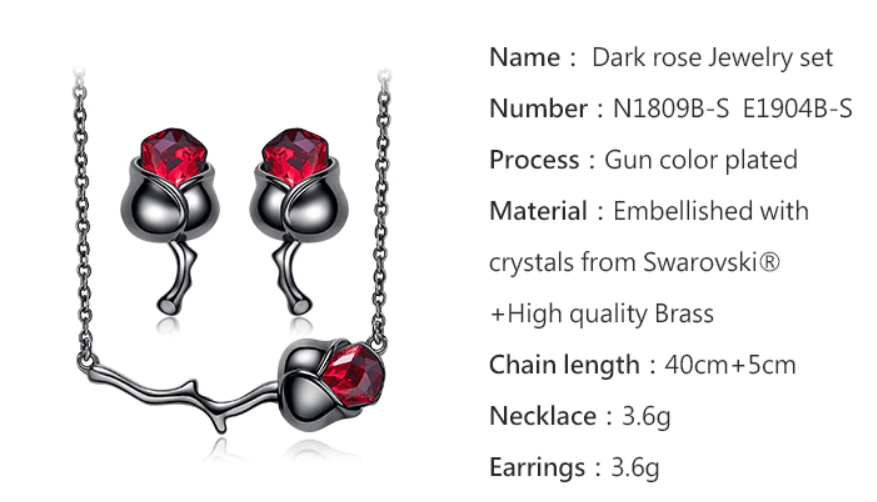 Black Rose Flower Necklace Earrings Set with Red High Quality Australian Crystals