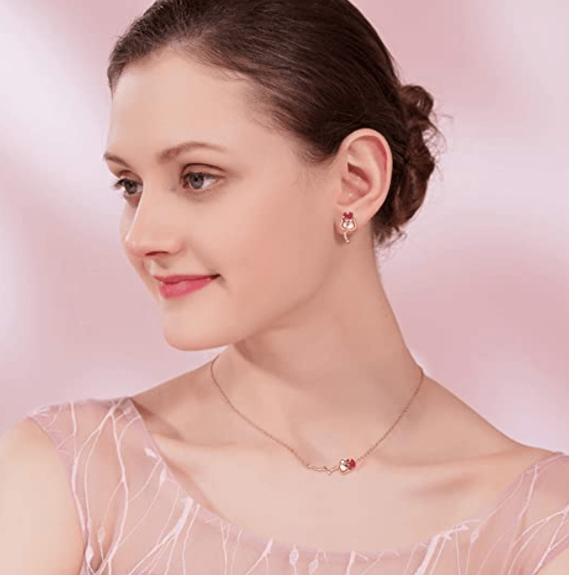 Rose Gold Plated With Red Crystals ,Rose Flower Necklace Earrings Set