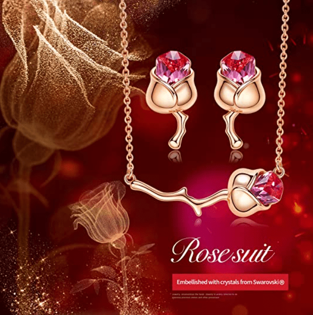 Rose Gold Plated With Red Crystals ,Rose Flower Necklace Earrings Set