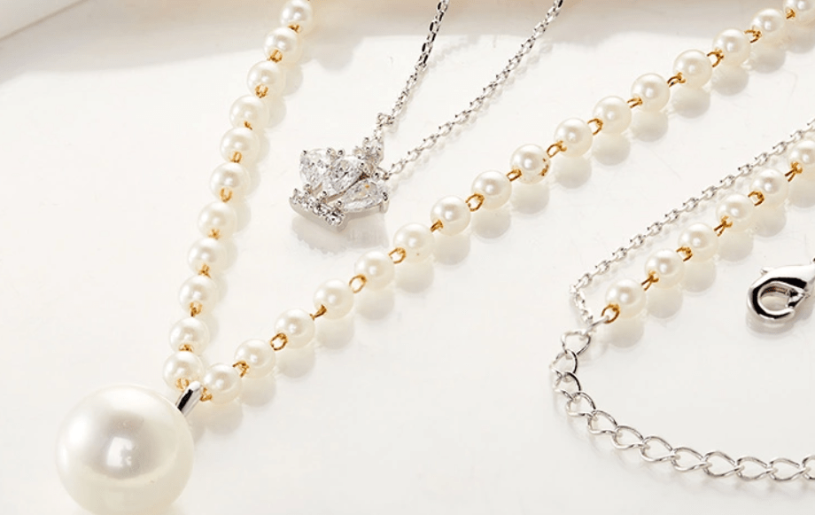 Pearl Long Two Layer Necklace With  Hand Made Zircons Crown Pendant
