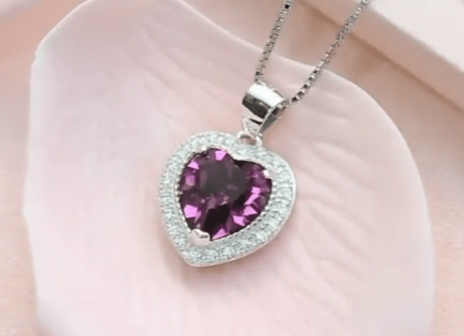Heart Shaped Crystal  925 Silver Necklaces With Main Red Or Purple Crystal