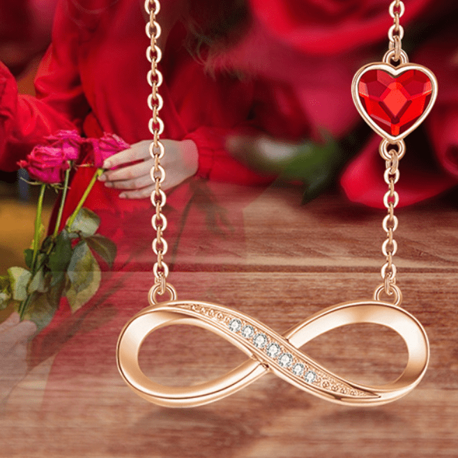 Rose Gold Color Infinity Necklace with Red Crystal