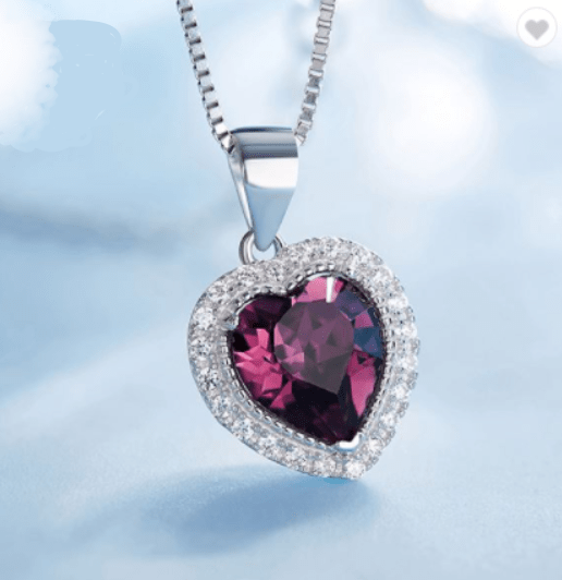 Heart Shaped Crystal  925 Silver Necklaces With Main Red Or Purple Crystal