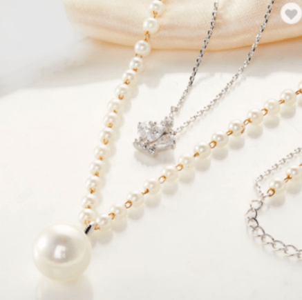 Pearl Long Two Layer Necklace With  Hand Made Zircons Crown Pendant