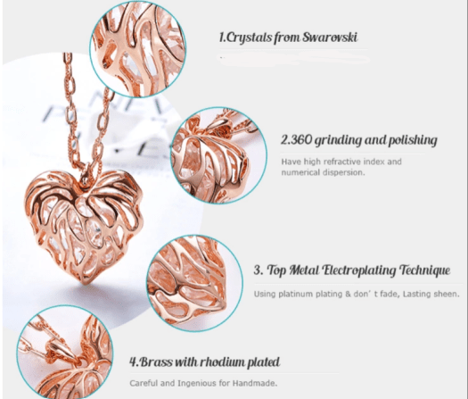 Hand Made 4D Rose Gold Heart Shape Pendant Filled with White Crystals Necklace