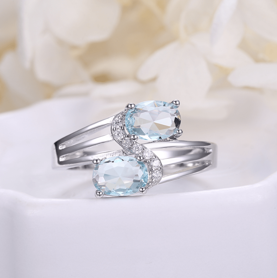 Two Blue Zircon Silver white Gold Plated Ring #0151