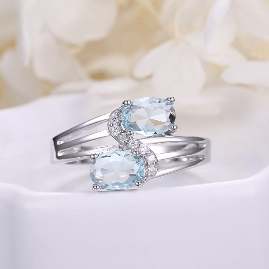 Two Blue Zircon Silver white Gold Plated Ring