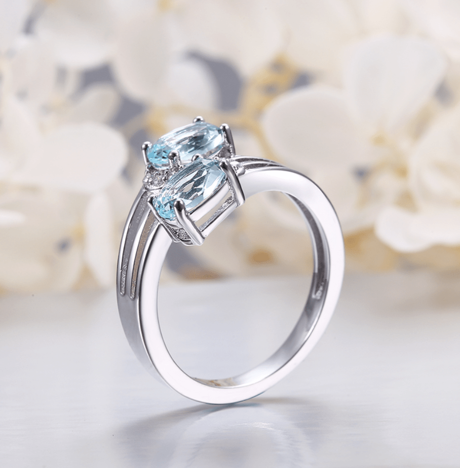 Two Blue Zircon Silver white Gold Plated Ring #0151