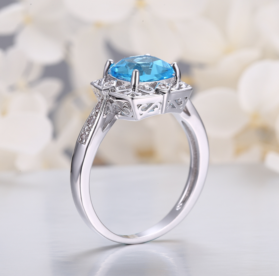 Light Blue Square Zircon Silver Tone Ring For Women