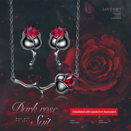 Black Rose Flower Necklace Earrings Set with Red High Quality Australian Crystals