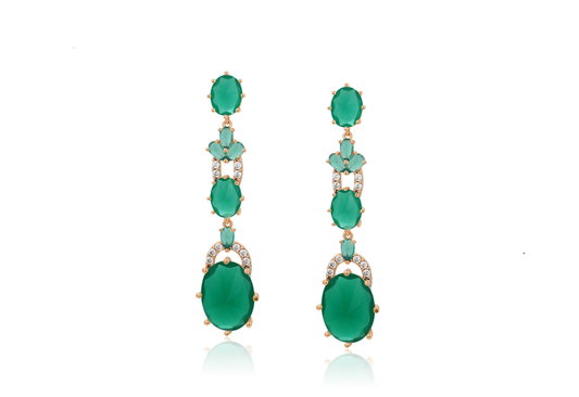 18k Gold-Color Earrings, Emerald Green Faux Emeralds, White Cubic Zircons, Vintage Design Jewelry, Environmental Copper, Timeless Glamour, Distinctive Style, Statement Earrings.