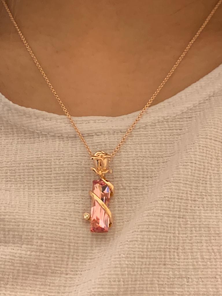 Rectangle Pink Crystal Entwined with Rose Gold Rose Flower And Stem