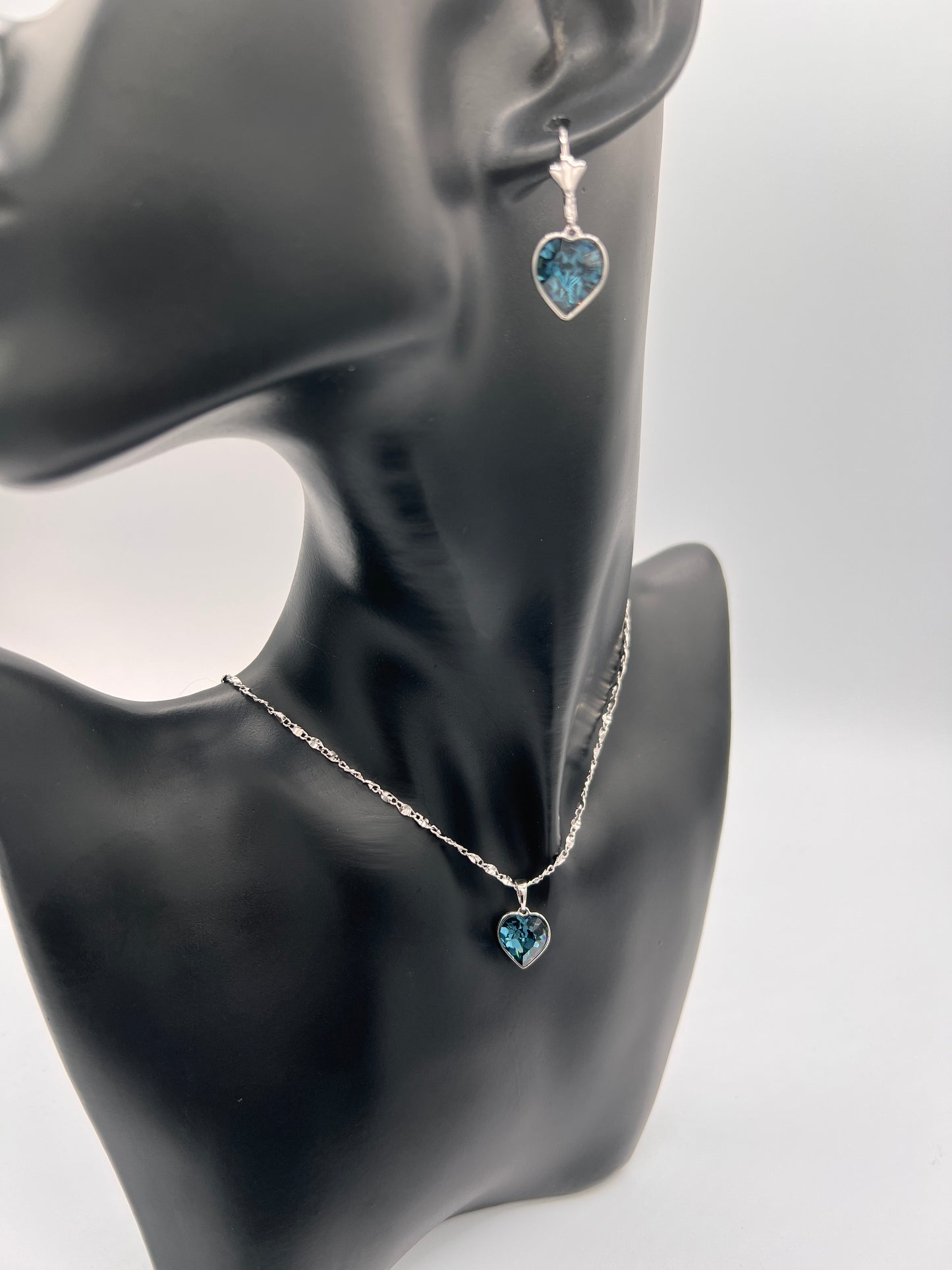 Deep Blue And Silver Heart Shaped Earrings And Necklace Set