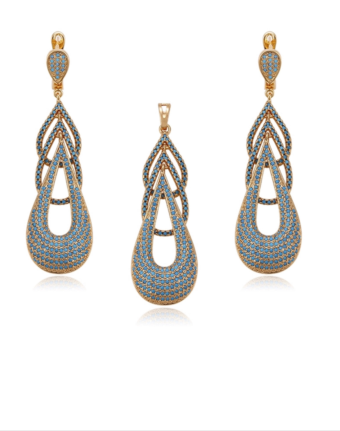 Turquoise 3Tears Gold Earrings And Necklace Sets